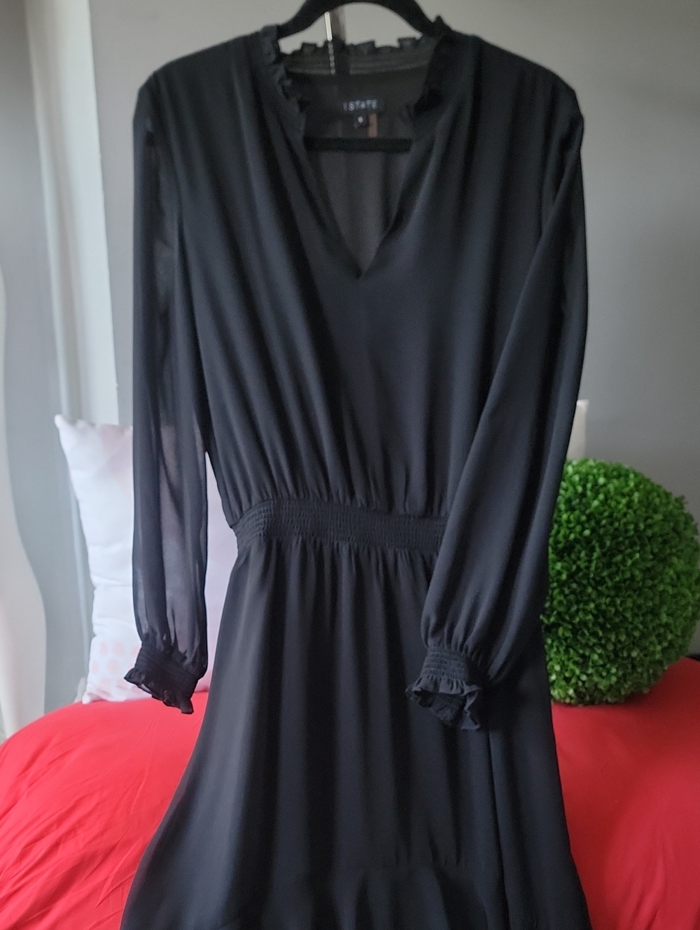 1. State Black Long Sleeve V-Neck Smocked Waist Ruffle Dress